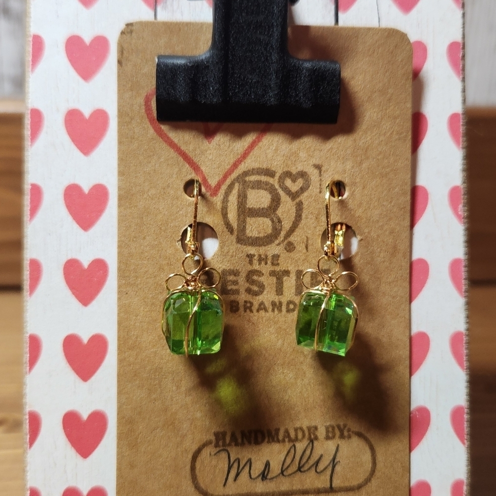 Green and Gold Present With Bow Gemstone Dangle Drop Leverback Earrings